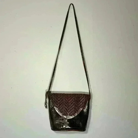 Brighton Handbags - Vintage Brighton Brown Woven & Croc Embossed Leather Envelope Crossbody Bag